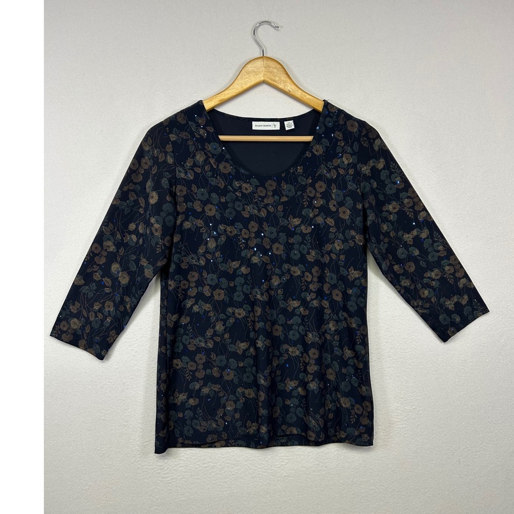 Whimsigoth Susan Graver‎ Womens XS Navy Blue Floral Sequin 3/4 Sleeve V-Neck Top